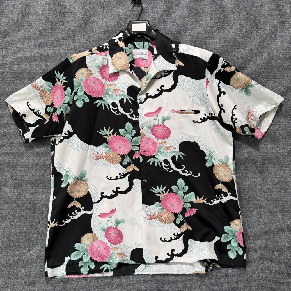 Polynesian Casuals Hawaii Aloha Shirt XXL Black Pink Floral Chrysanthemum Wave
